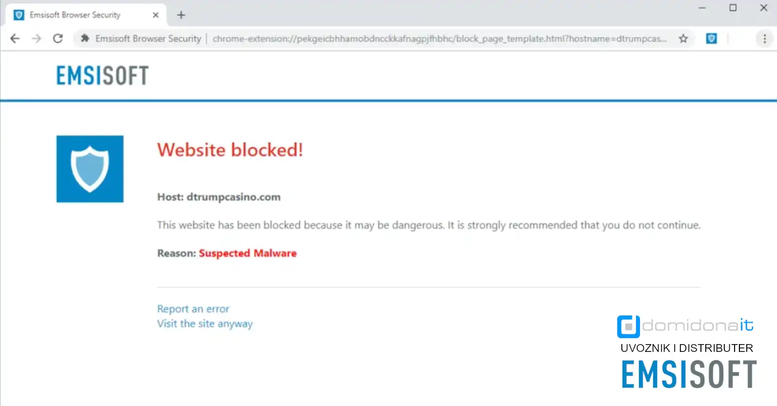Emsisoft Browser Security blokirao je web mjesto za krađu identiteta